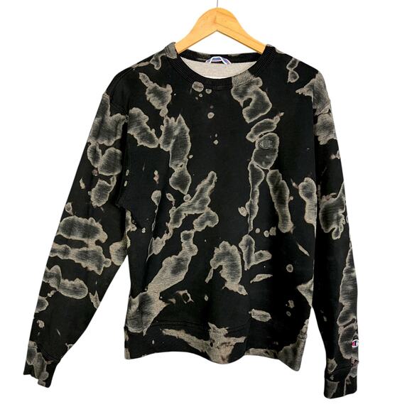 Men's Champion Black Bleach Dyed Crewneck Sweatshirt - Size Medium - Picture 1 of 5